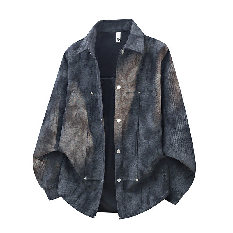 Herren oversized Canvas-Hemdjacke mit Acid‑Wash‑Optik, Druckknopfverschluss und aufgesetzten Fronttaschen Drune