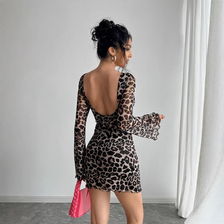 Damen nan figurbetontes transparentes Netz-Minikleid mit Leopardenmuster, U-Boot-Ausschnitt und welligem Saum Drune