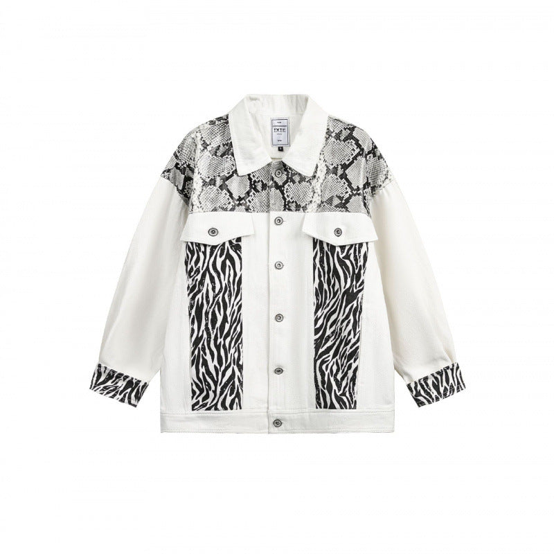 Damen Oversize-Jeansjacke im Patchwork-Tierprint mit Reverskragen und Pattentaschen Drune