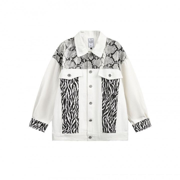 Damen Oversize-Jeansjacke im Patchwork-Tierprint mit Reverskragen und Pattentaschen Drune