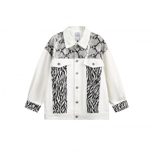 Damen Oversize-Jeansjacke im Patchwork-Tierprint mit Reverskragen und Pattentaschen Drune