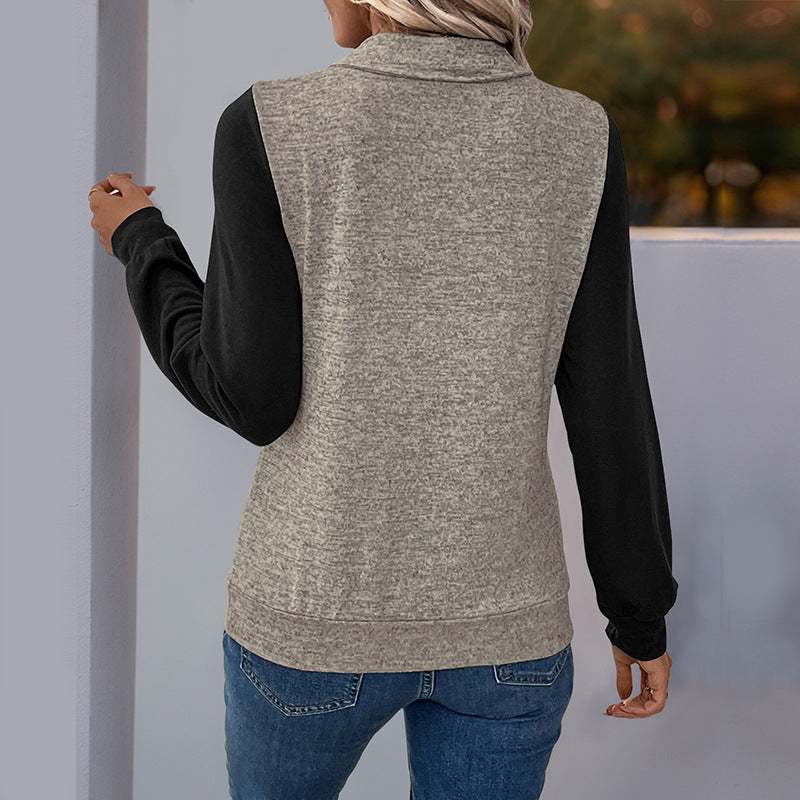 Damen Two‑Tone Langarmshirt mit Kontrastärmeln, Henley‑Knopfleiste und Brusttasche Drune