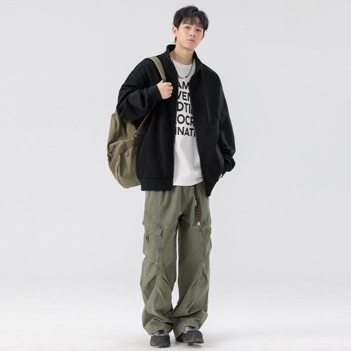 Herren Oversize Sweatjacke mit Stehkragen, durchgehendem Reißverschluss und geripptem Saum Drune