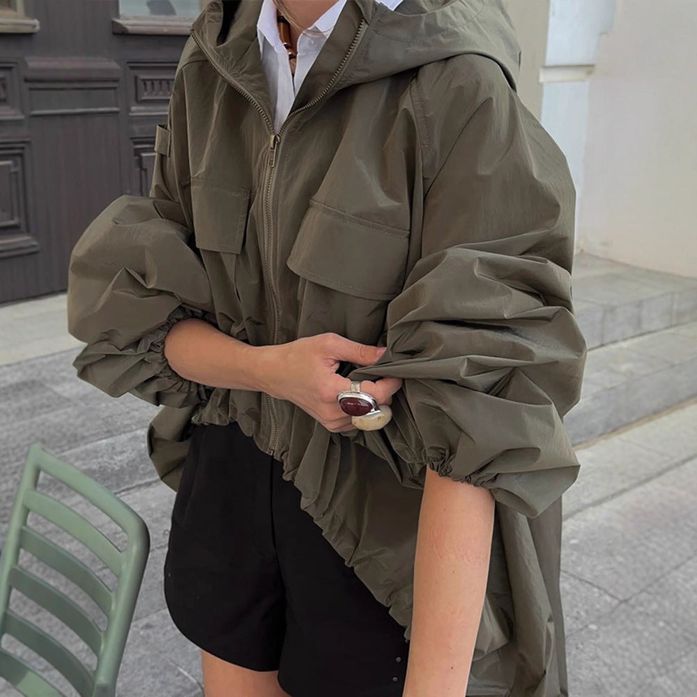 Damen Übergangsjacke mit Kapuze und voluminösen Ärmeln Drune