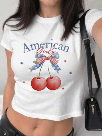 Damen figurbetontes Kurzarm-T-Shirt mit verspieltem Aufdruck Drune