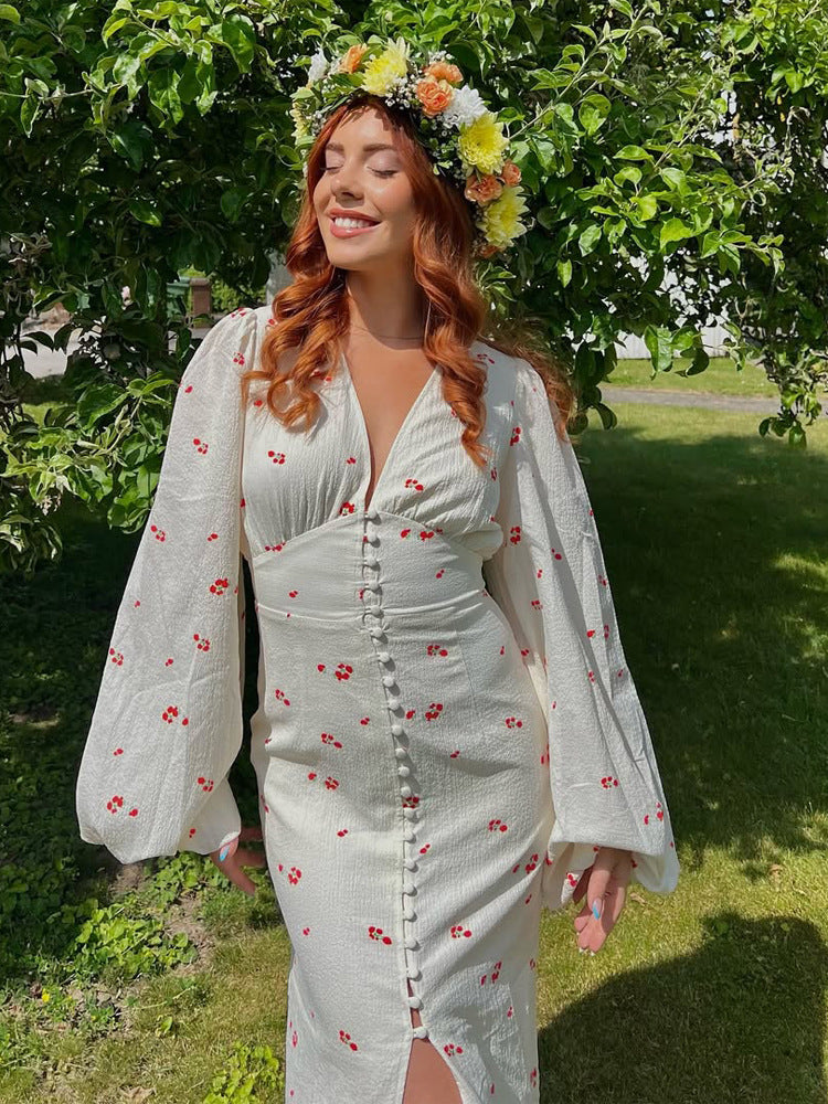 Damen Midikleid mit Puffärmeln, V-Ausschnitt und dekorativer Knopfleiste Drune