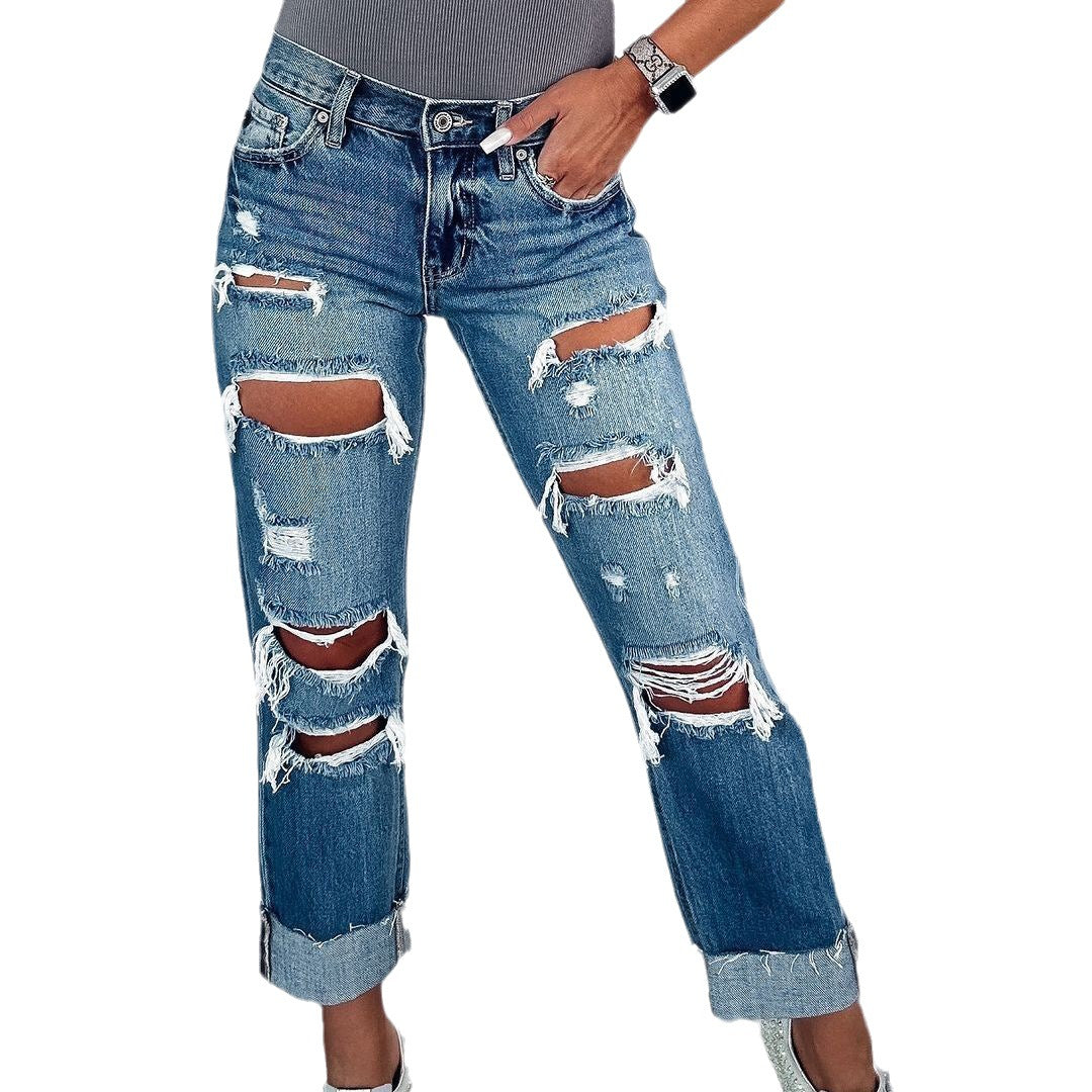 Damen Ripped Boyfriend Jeans im angesagten Vintage-Look mit weitem Bein Drune