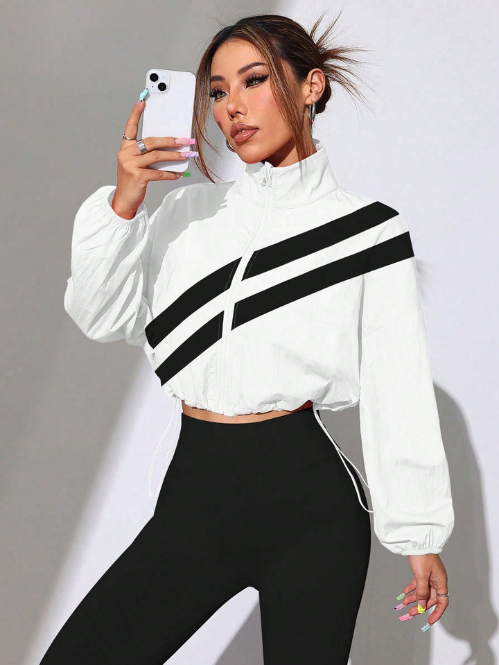 Damen Cropped Windbreaker‑Jacke mit hohem Kragen und Kordelzug Drune