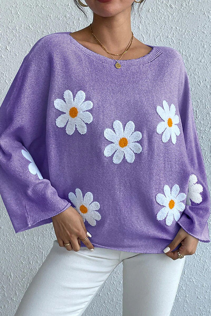 Damen Strickpullover mit verspieltem Blumendesign und weitem Schnitt Drune