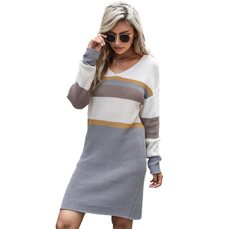 Damen Strickkleid Off-Shoulder mit Taillengürtel und Blockstreifen Drune
