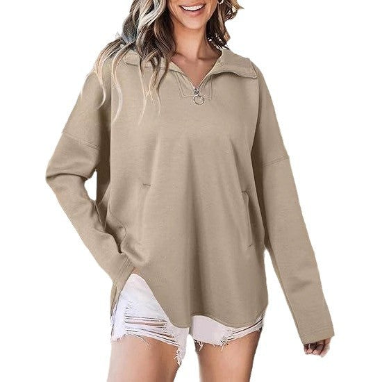 Damen lässiger Oversized Pullover mit halben Reißverschluss und Seitentaschen Drune