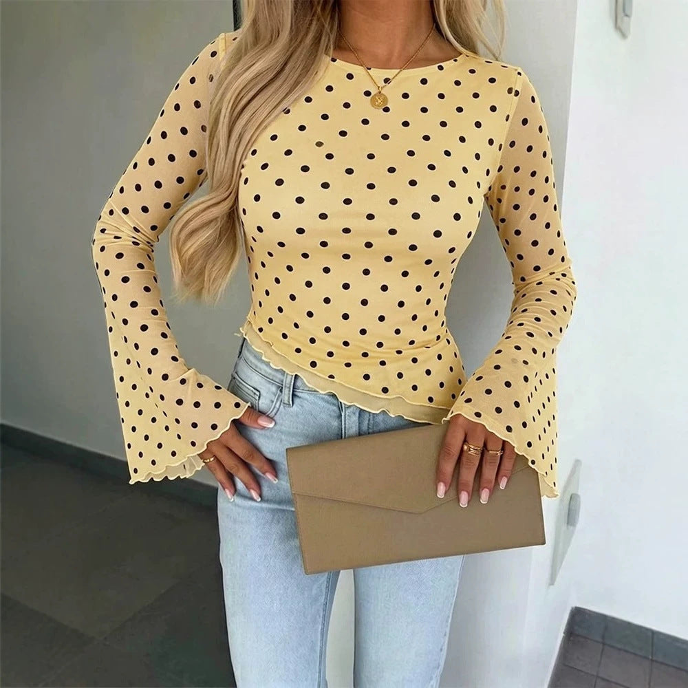 Damen Transparente Mesh-Polka‑Dot-Bluse mit taillierter Passform und Glockenärmeln Drune