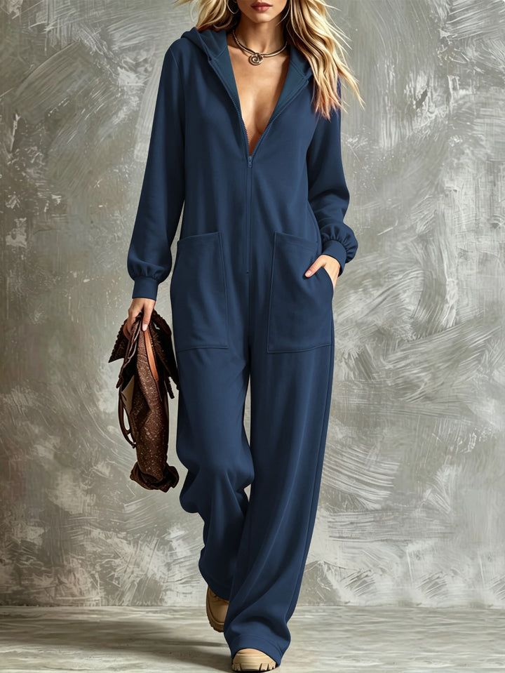 Damen Zip‑Hoodie‑Jumpsuit mit Kapuze, Kängurutaschen und weitem Bein Drune