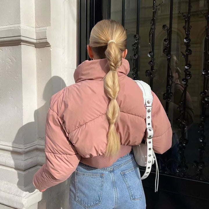 Damen nan kurz geschnittene gesteppte Cropped-Steppjacke mit hohem Stehkragen, verdecktem Reißverschluss und elastischem Rippenbund Drune