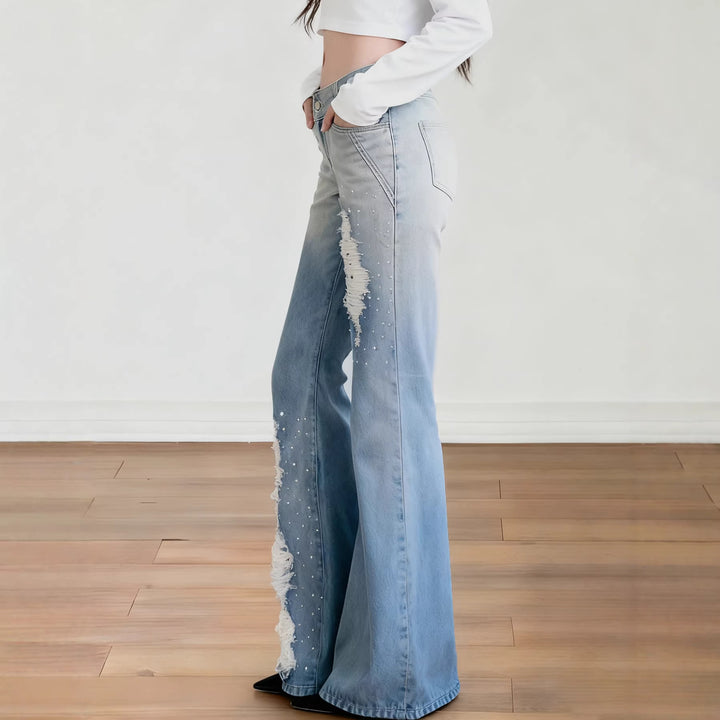 Damen Weite Schlagjeans mit hoher Taille, ausgefransten Rissen und Perlenapplikation Drune