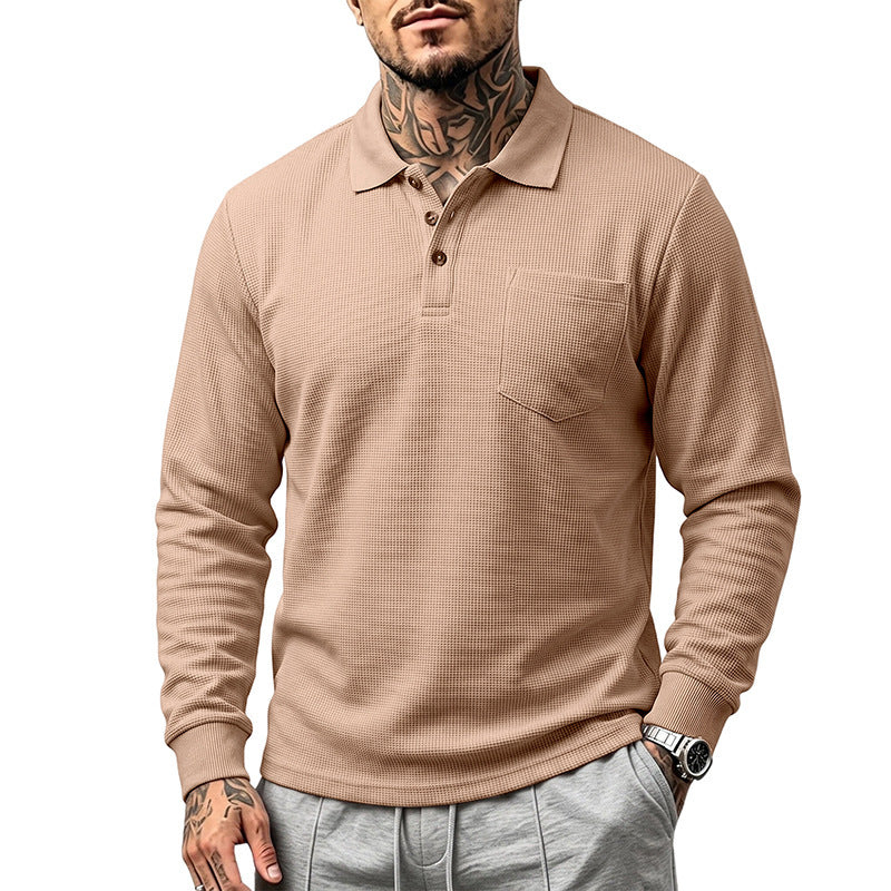 Herren Waffelstrukturiertes Langarm-Poloshirt mit Brusttasche und Holzknopfleiste Drune