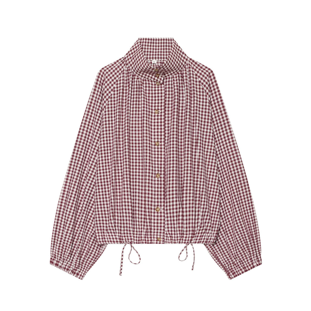 Damen Karierte Cropped‑Bluse mit Stehkragen, Tunnelzugsaum und Ballonärmeln Drune