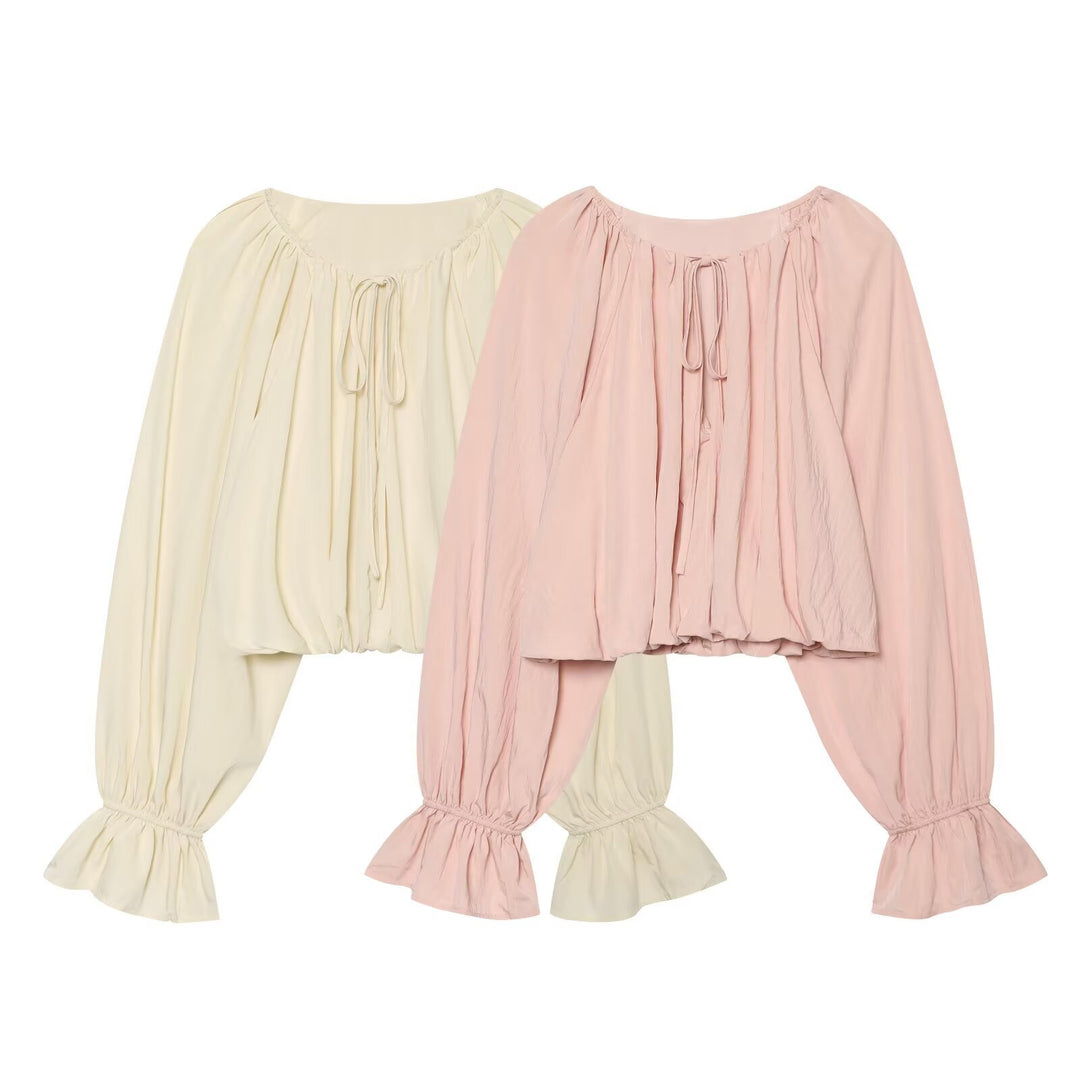 Damen Kurze Bluse im Boho‑Stil mit Tunnelzug, Volantärmeln und gerafftem Saum Drune