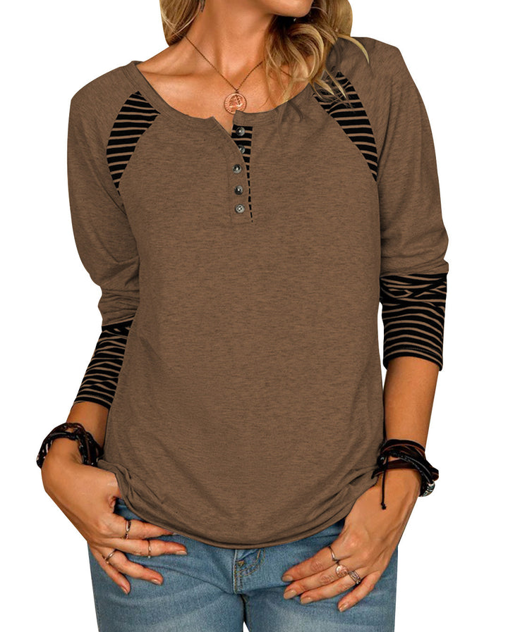 Damen Lässiges Raglan-Henley-Shirt mit Knopfleiste und gestreiften Ärmelbündchen Drune