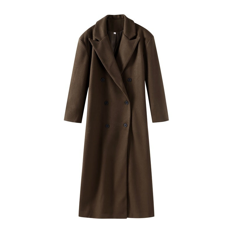 Damen Doppelreihiger Maxi-Wollmix-Mantel mit schmaler Silhouette und fallendem Revers Drune