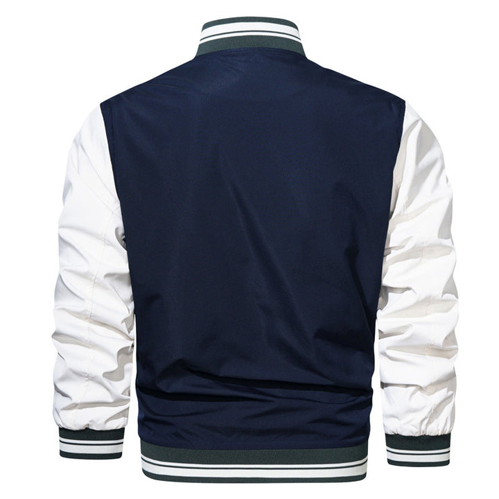 Herren College-Bomberjacke im Varsity-Stil mit Kontrastärmeln, Druckknopf‑Front und gerippten Bündchen Drune