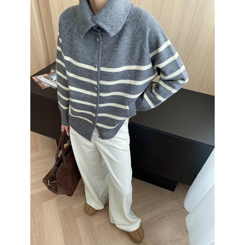 Damen lässige Strickjacke mit Streifenmuster und Kragen Drune