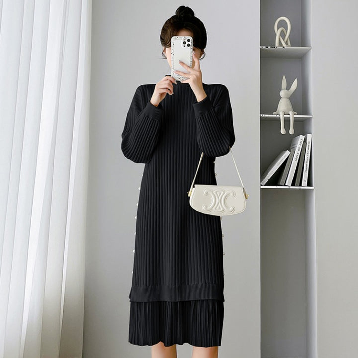 Damen elegantes Strickkleid mit modischem Rippdesign und Perlknopfdetails Drune