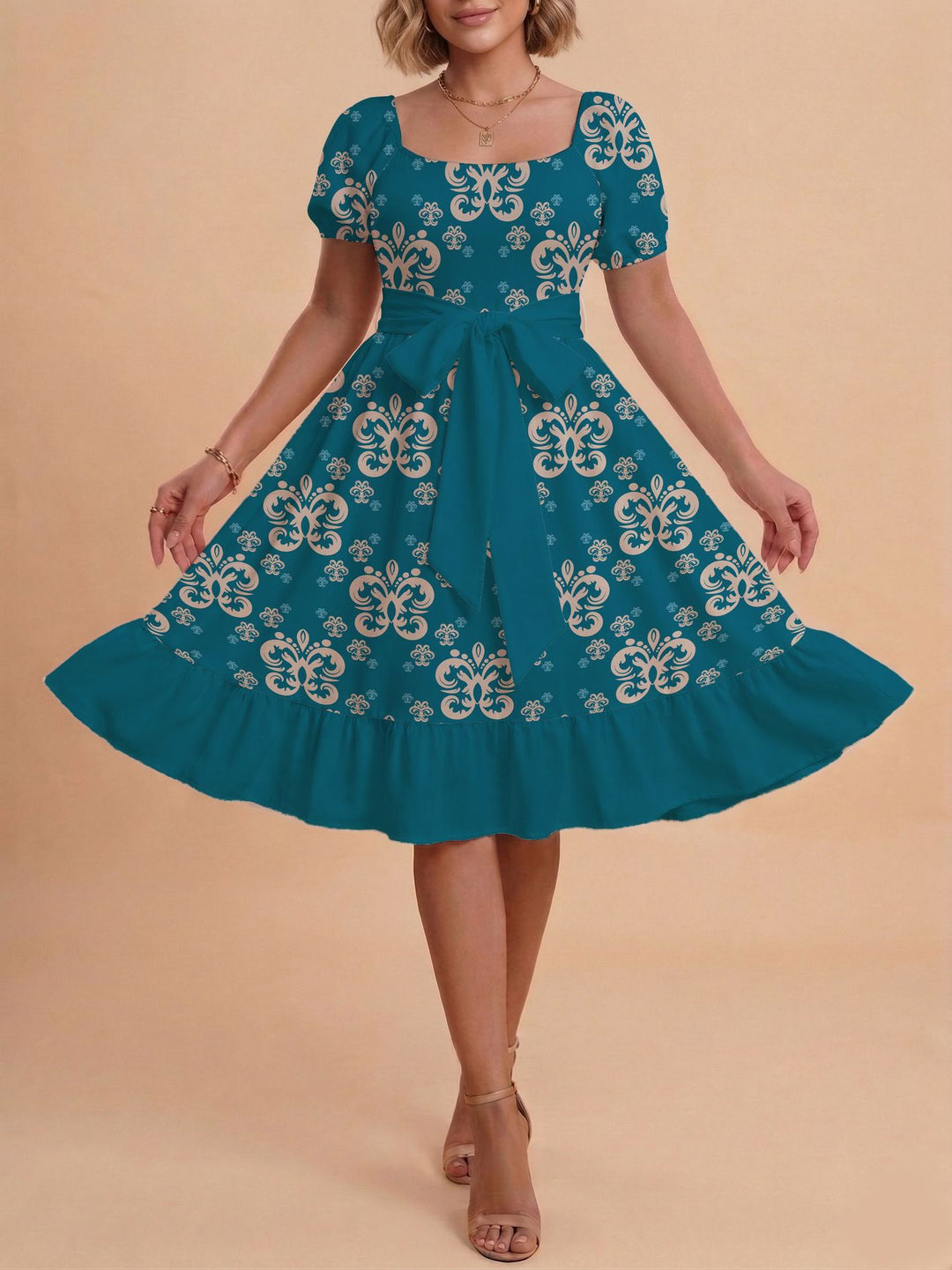 Damen Midikleid mit verspieltem Druck und tailliertem Schnitt Drune