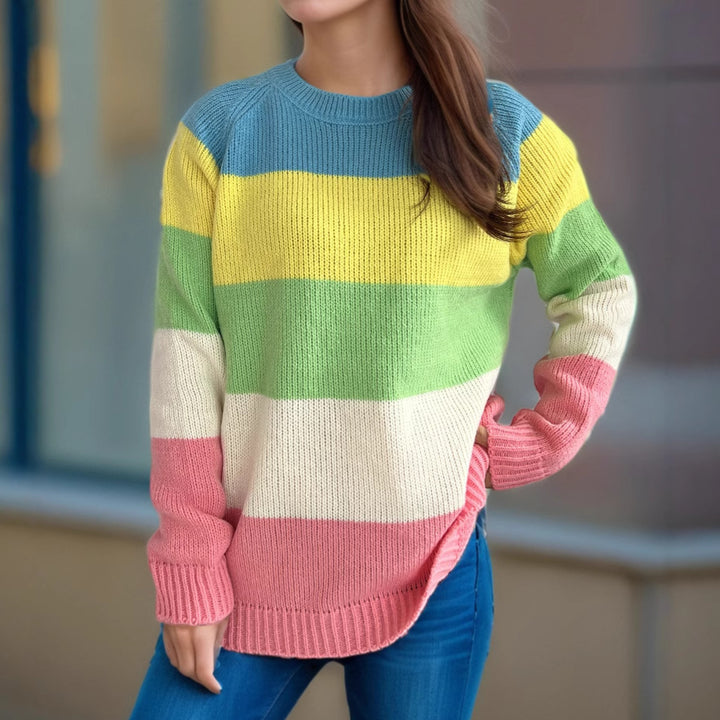 Damen lässiger Strickpullover mit bunten Blockstreifen und weitem Schnitt Drune