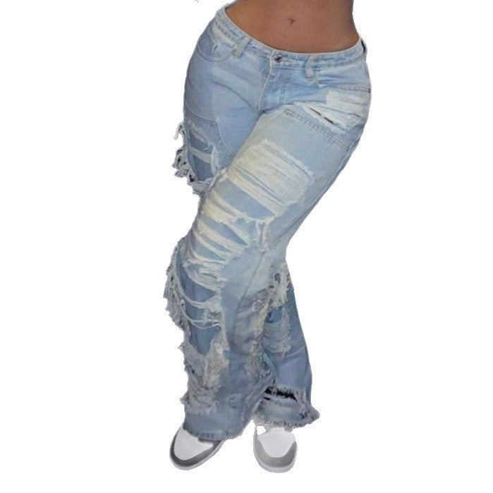 Damen Baggy-Denimhose mit extragroßen Destroyed‑Cutouts und weitem Bein Drune