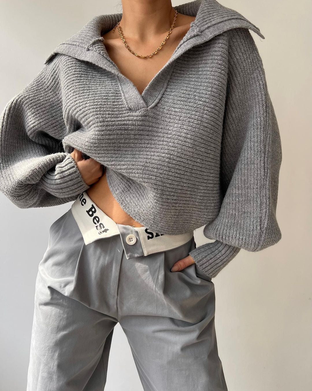 Damen Oversize Rippsweater mit Reverskragen und tiefem V‑Ausschnitt Drune
