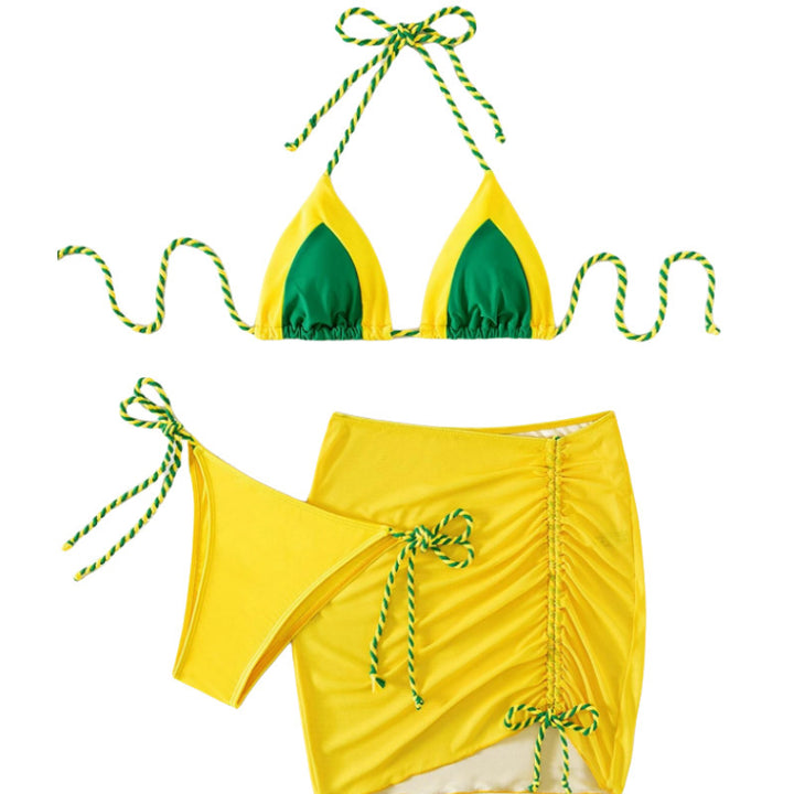 Damen Triangel-Bikini mit Wickelrock und Bänder Drune