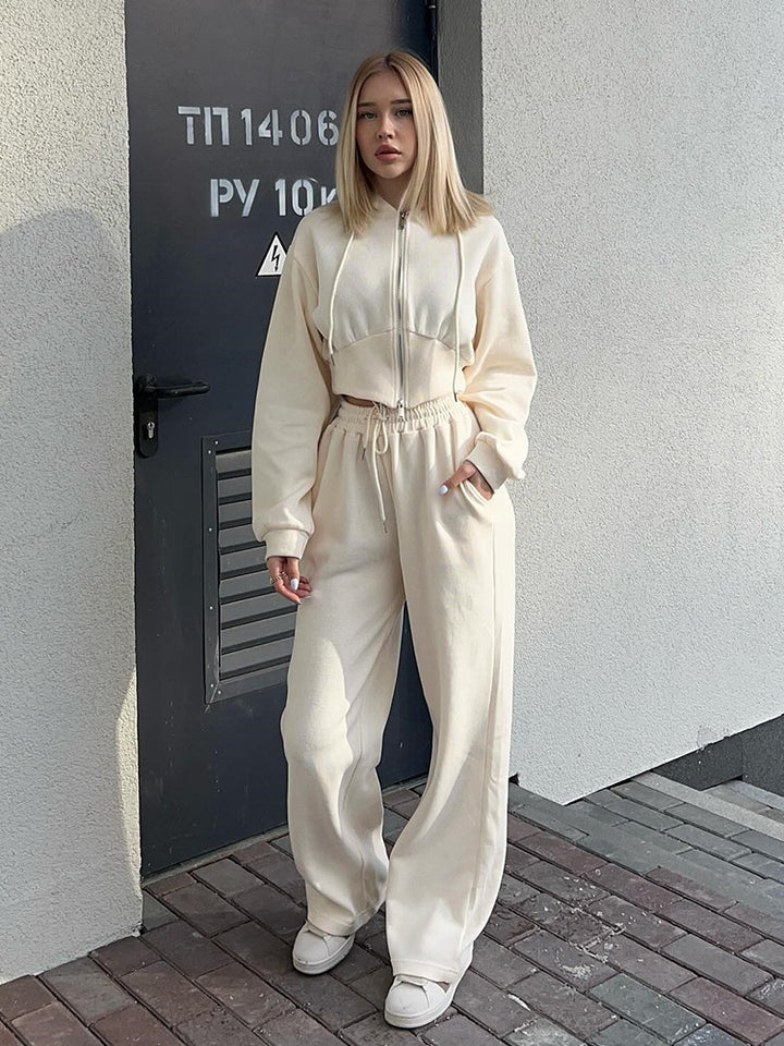 Damen kurzes Reißverschluss-Cropped-Hoodie mit hoher Bund Palazzo-Jogginghose Set Drune