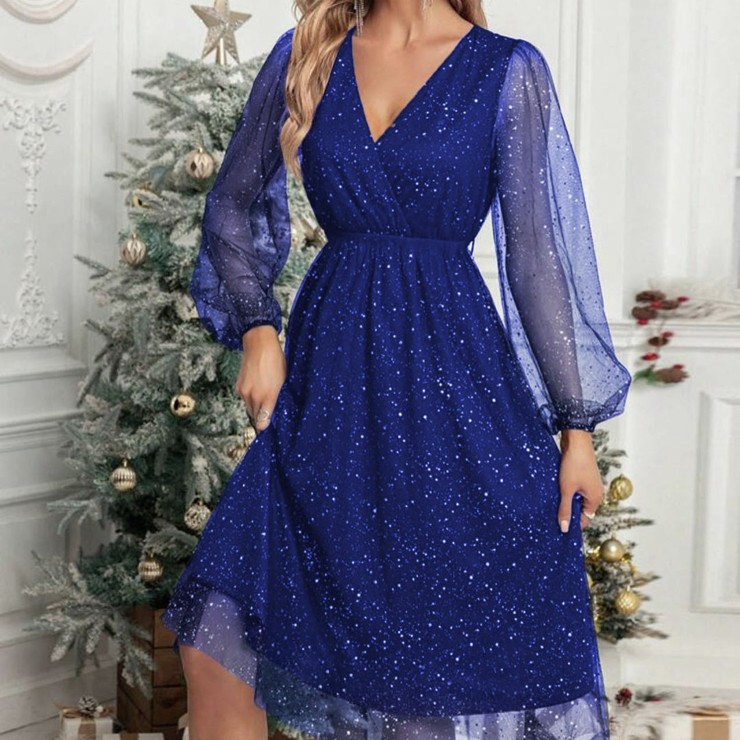 Damen Festliches Midikleid aus Glitzer‑Chiffon mit V‑Ausschnitt, tailliertem Gummibund und Ballonärmeln Drune