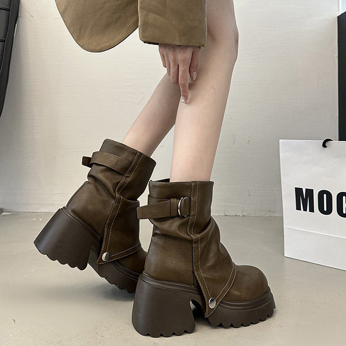Damen modische Chunky-Boots mit dekorativem Riemen und stabiler Sohle Drune
