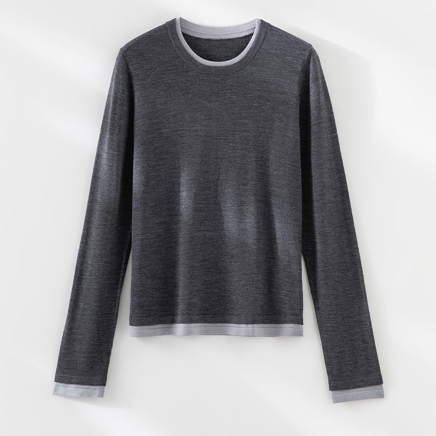 Damen Leichter Feinstrick-Langarmpullover mit Kontrastbündchen und Rundhalsausschnitt Drune