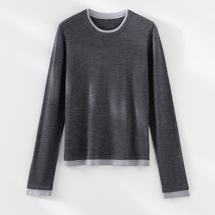 Damen Leichter Feinstrick-Langarmpullover mit Kontrastbündchen und Rundhalsausschnitt Drune