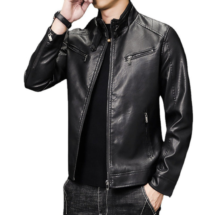Herren Moderne Kunstlederjacke mit Stehkragen und Reißverschlusstaschen Drune