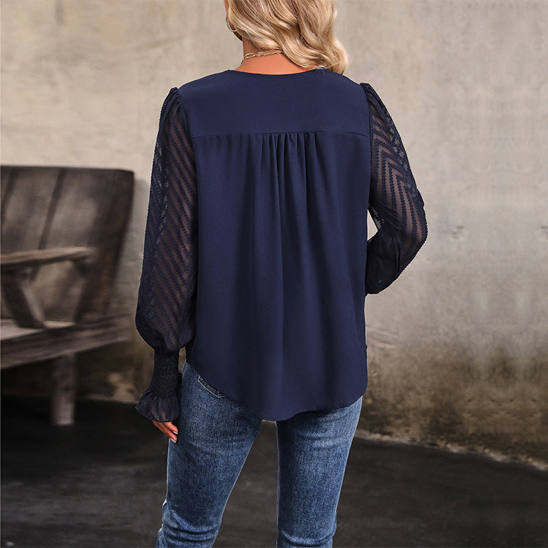 Damen Lockeres V-Ausschnitt-Chiffonblusenshirt mit transparenten Ballonärmeln und Smokbündchen Drune