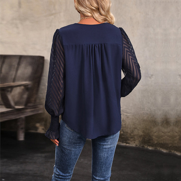 Damen Lockeres V-Ausschnitt-Chiffonblusenshirt mit transparenten Ballonärmeln und Smokbündchen Drune