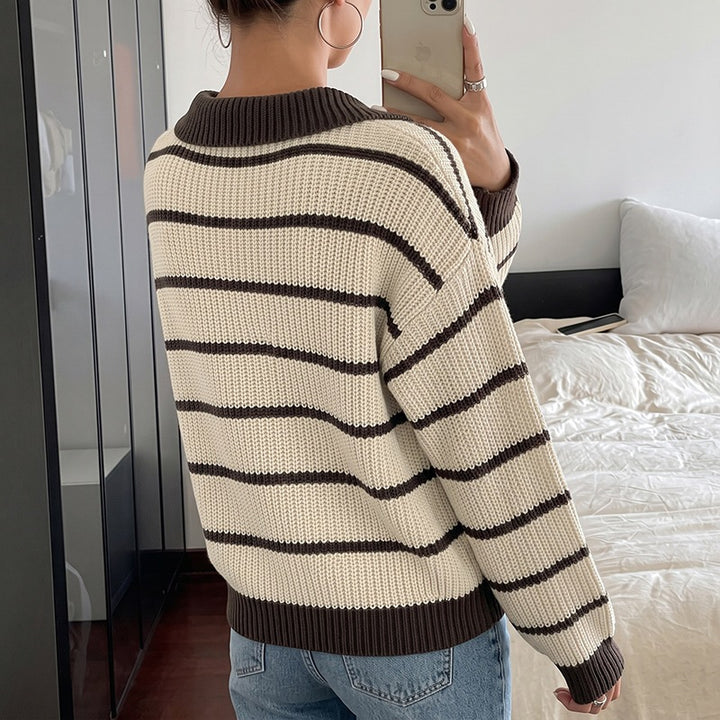 Damen Gestreifter Pullover mit Kragen Drune