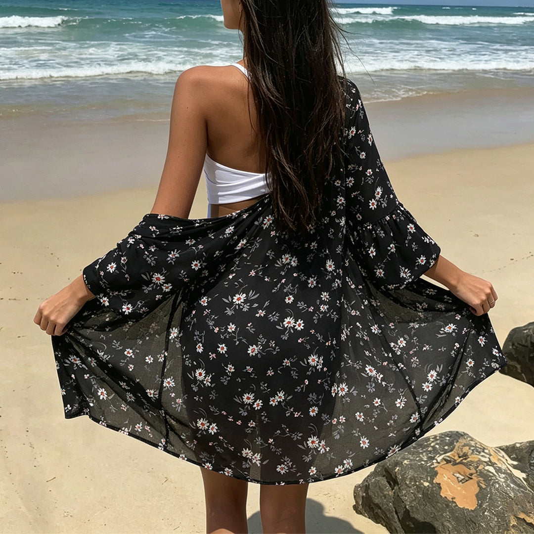 Damen luftige Strandtunika mit floralem Design und halbtransparentem Stoff Drune