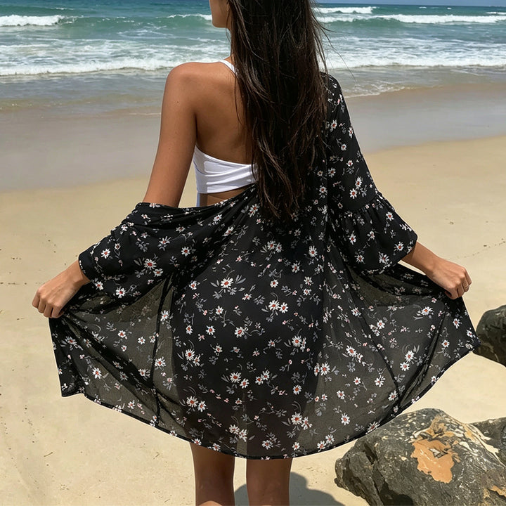 Damen luftige Strandtunika mit floralem Design und halbtransparentem Stoff Drune