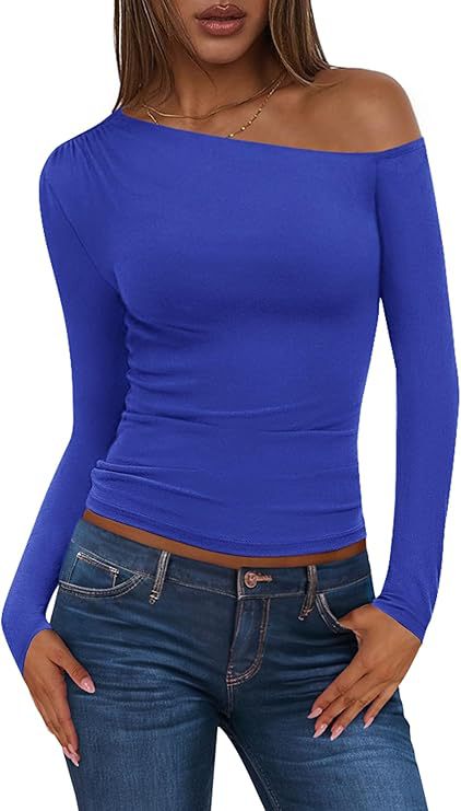Damen Schulterfreies, figurnahes Ripp-Langarmtop mit asymmetrischem Ein-Schulter-Schnitt Drune