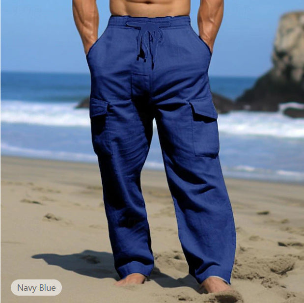 Herren weite Freizeit-Cargohose aus Leinenmix mit Tunnelzugbund, aufgesetzten Klappentaschen und entspanntem Strandfit Drune