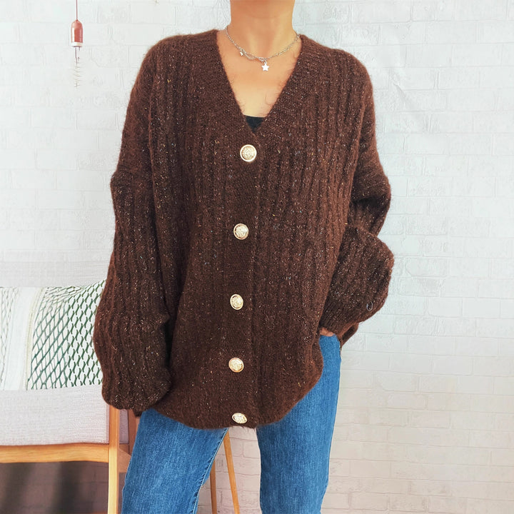 Damen Oversized Strickjacke mit goldenen Knopfdetails und weichem Material Drune
