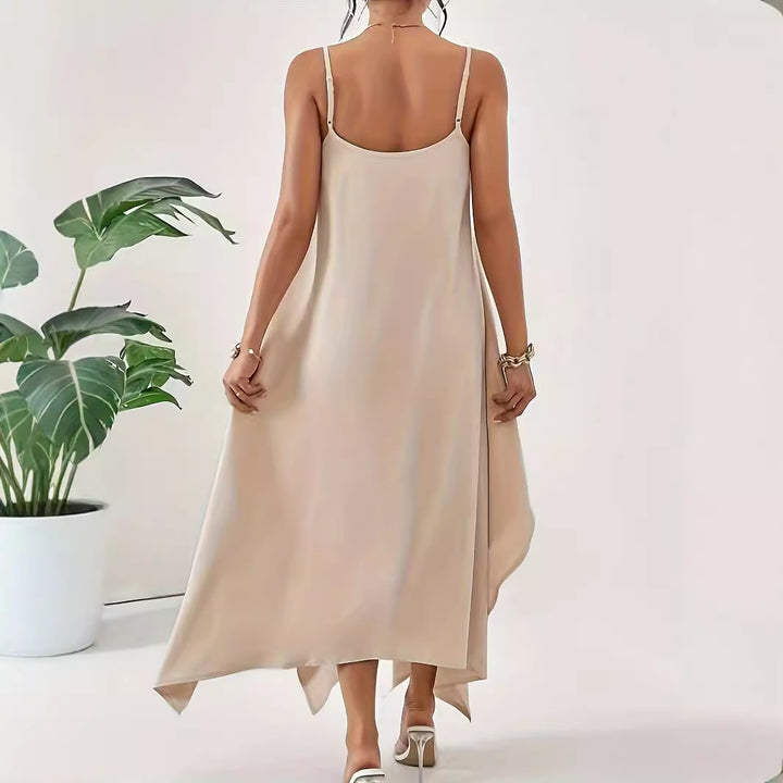 Damen luftiges Maxikleid mit asymmetrischem Saum und feinen Spaghettiträgern Drune