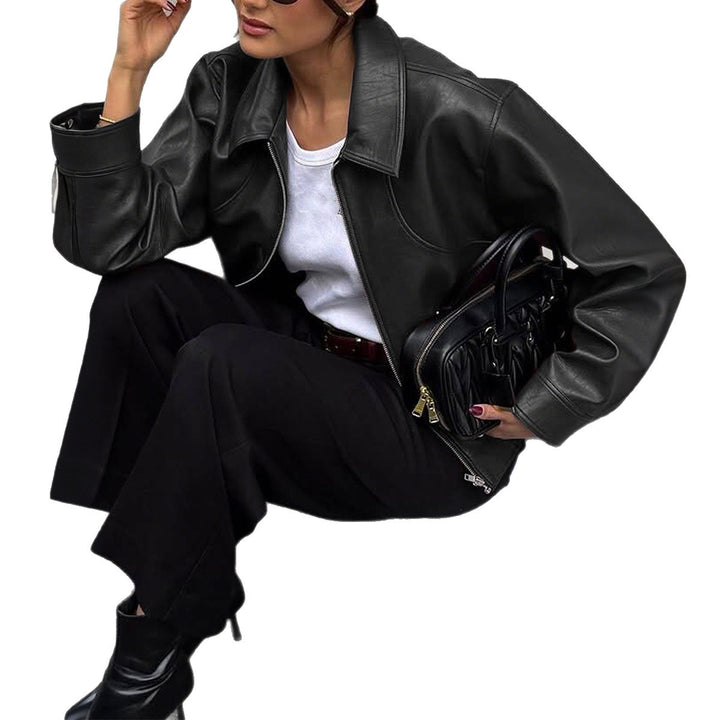 Damen nan kurze Oversize-Lederjacke mit Hemdkragen, sichtbarem Reißverschluss und lässiger Silhouette Drune