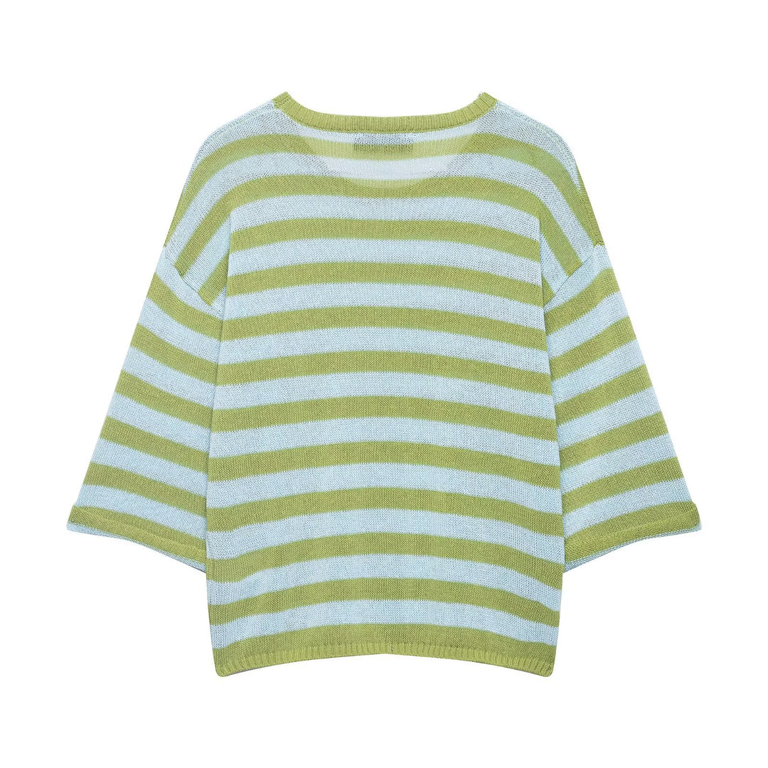 Damen Leichter gestreifter Boxy-Kurzpullover mit überschnittenen Ärmeln Drune
