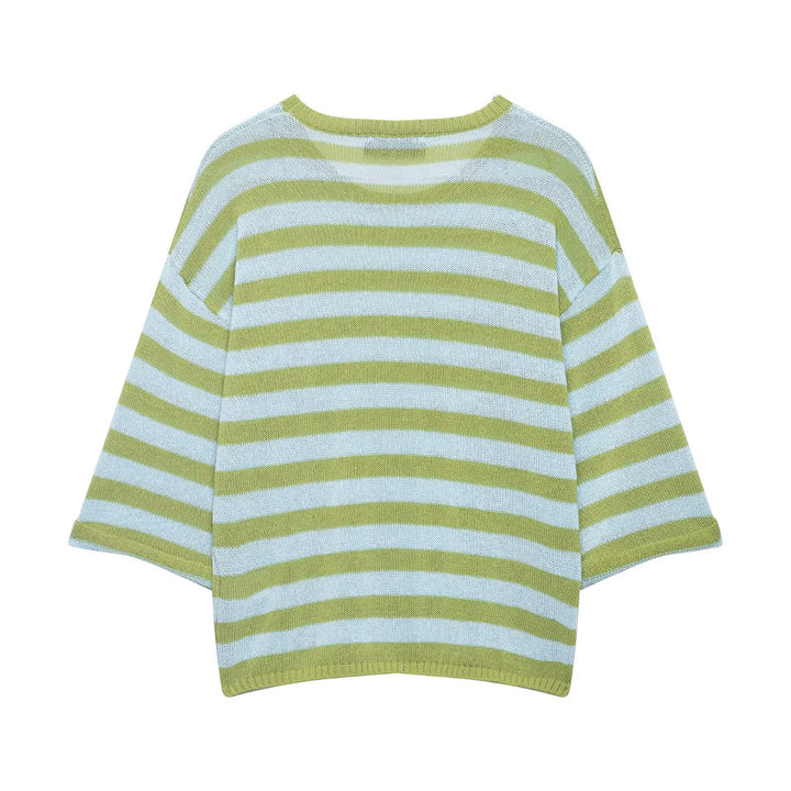 Damen Leichter gestreifter Boxy-Kurzpullover mit überschnittenen Ärmeln Drune
